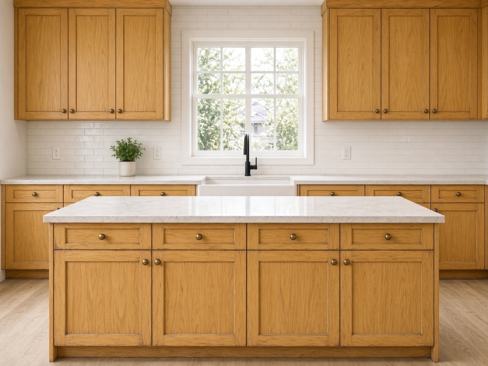 Before: dated oak cabinets